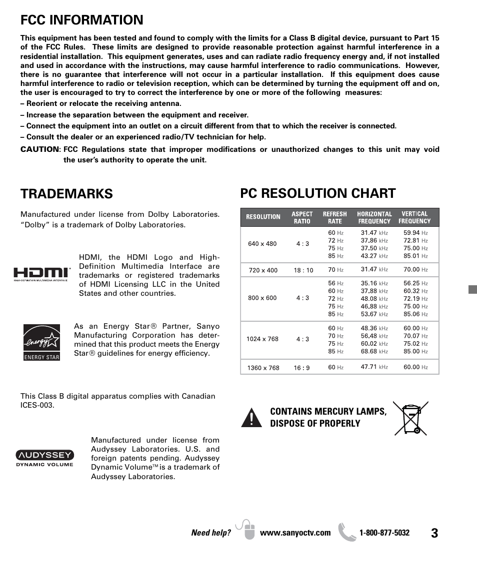 Pc resolution chart, Fcc information, Trademarks | Sanyo DP26640 User Manual | Page 3 / 20