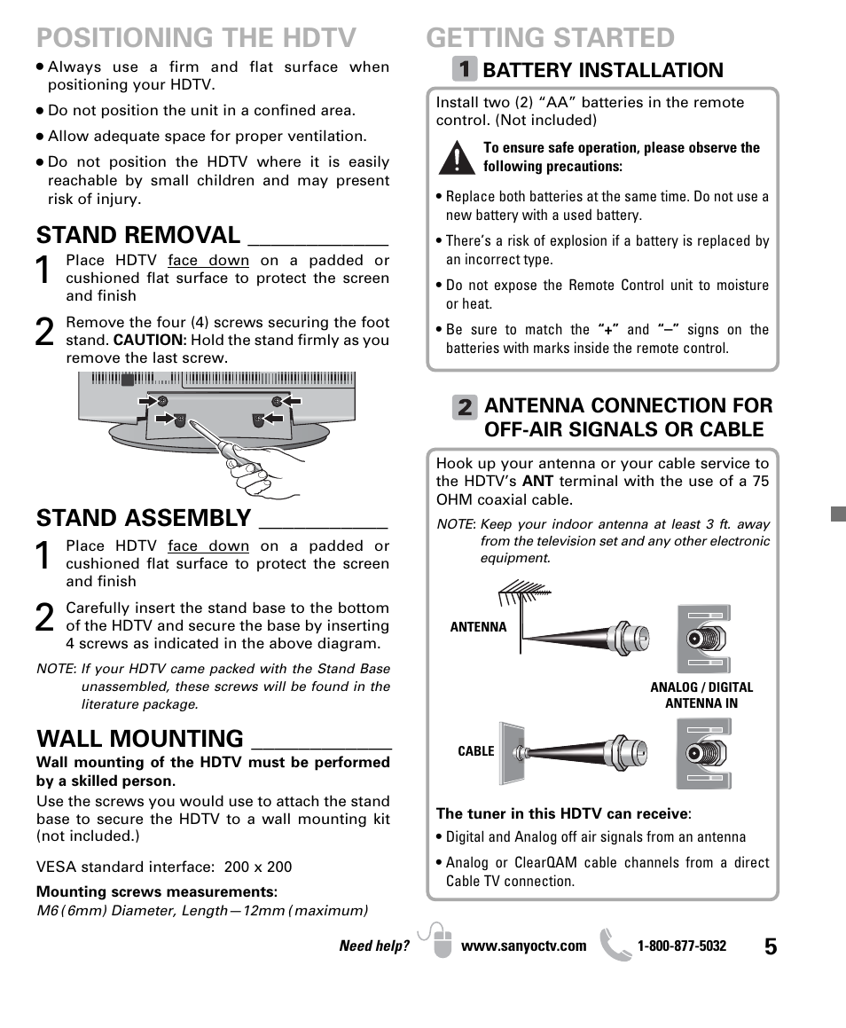 Getting started, Positioning the hdtv, Stand removal | Stand assembly, Wall mounting | Sanyo DP26640 User Manual | Page 5 / 20
