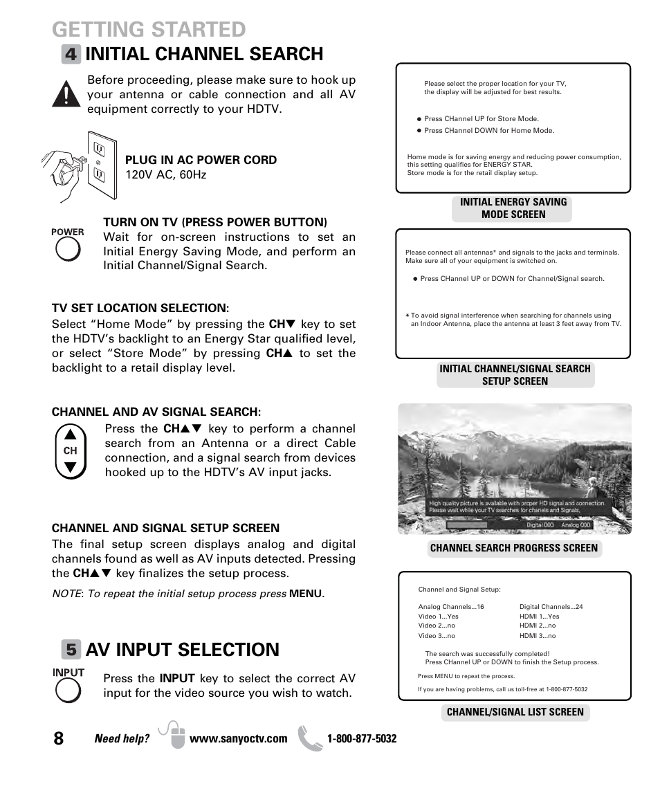 Getting started, Initial channel search, Av input selection | Sanyo DP26640 User Manual | Page 8 / 20