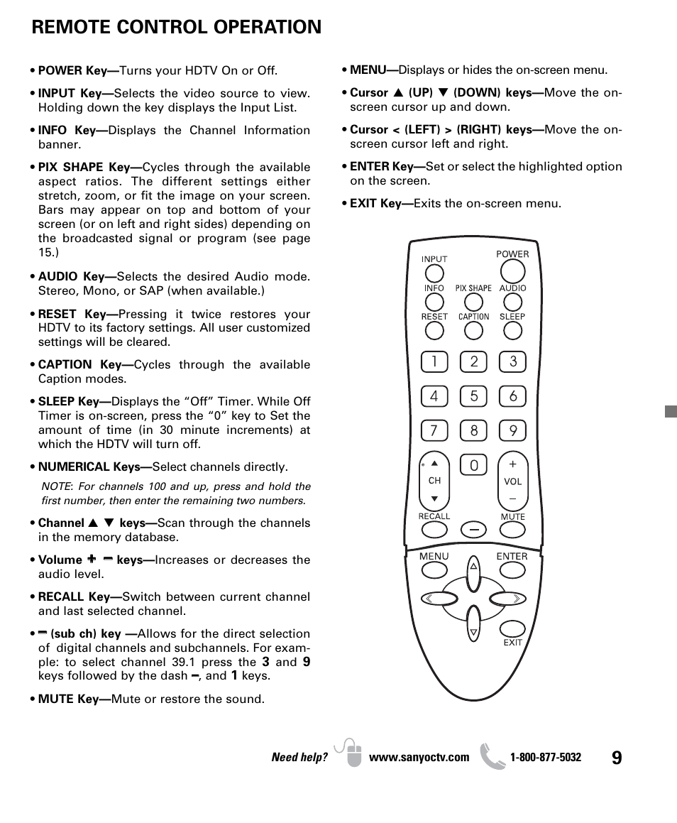 Remote control operation | Sanyo DP26640 User Manual | Page 9 / 20