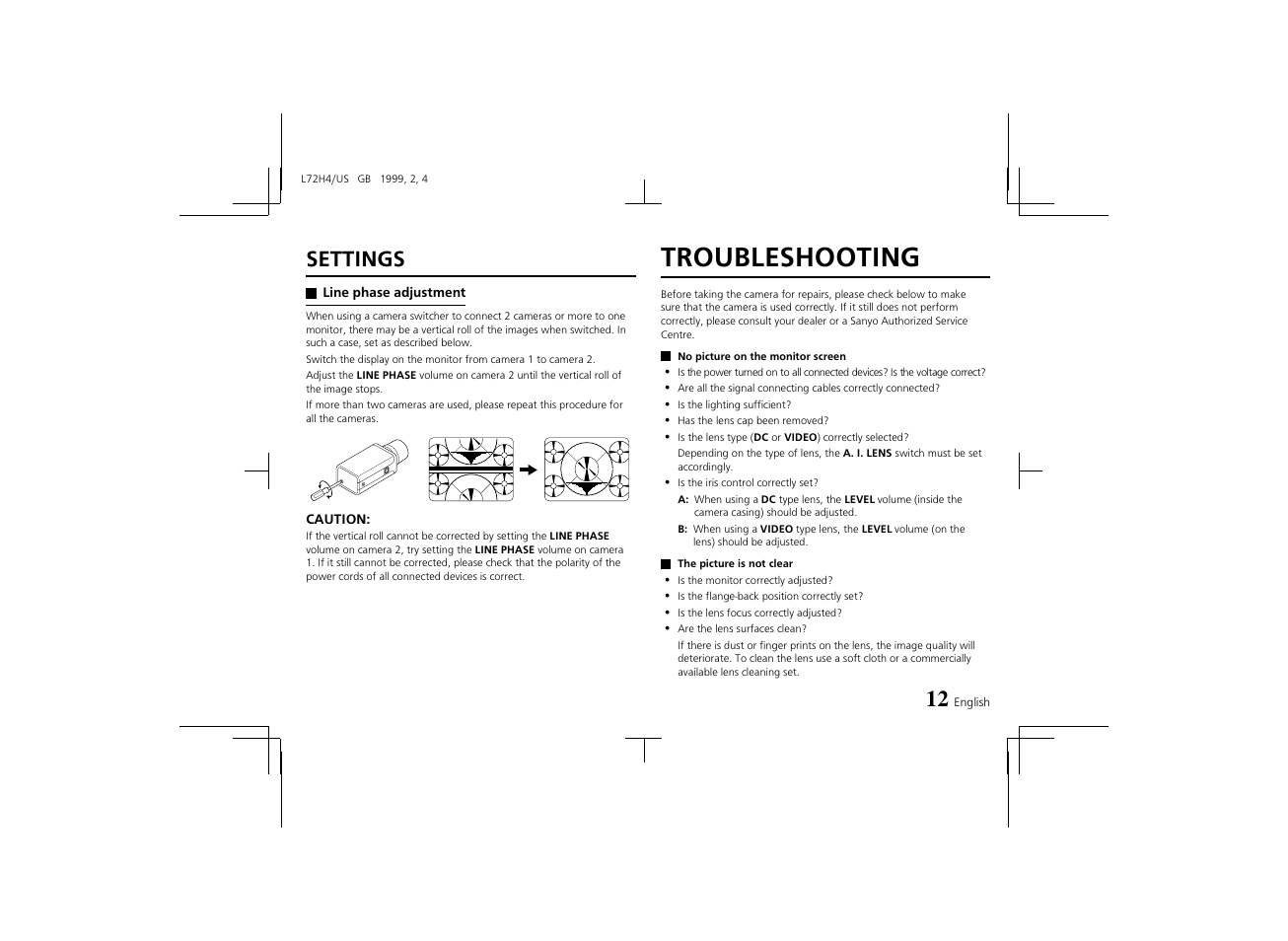 Troubleshooting, Settings | Sanyo VCB-3574IR User Manual | Page 13 / 16