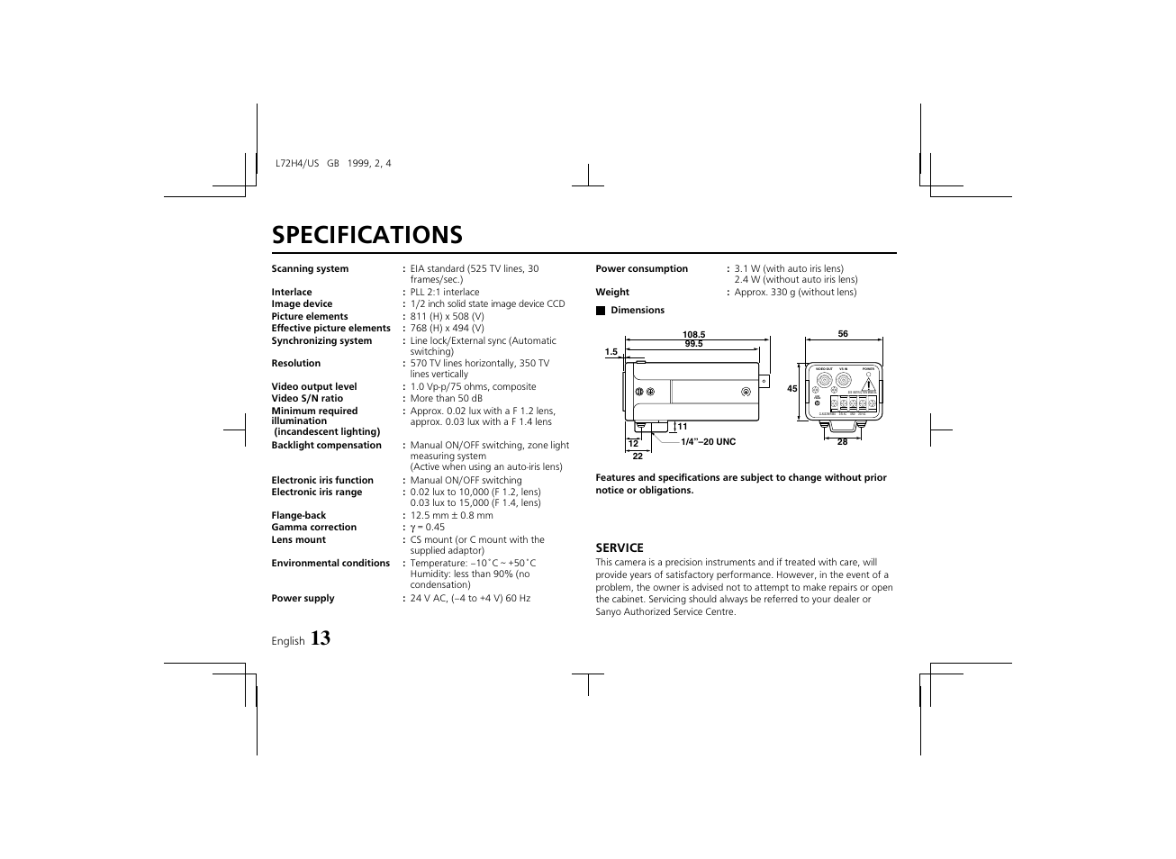 Specifications, Line phase | Sanyo VCB-3574IR User Manual | Page 14 / 16