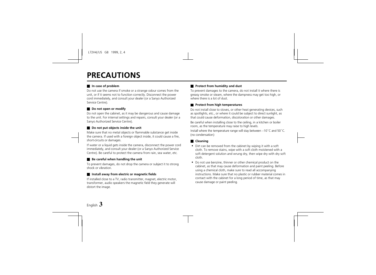 Precautions | Sanyo VCB-3574IR User Manual | Page 4 / 16