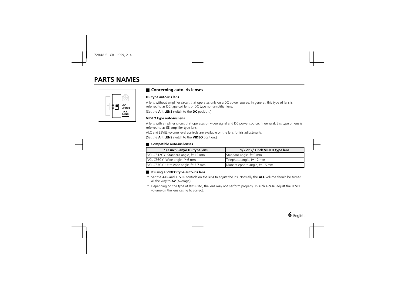 Parts names | Sanyo VCB-3574IR User Manual | Page 7 / 16