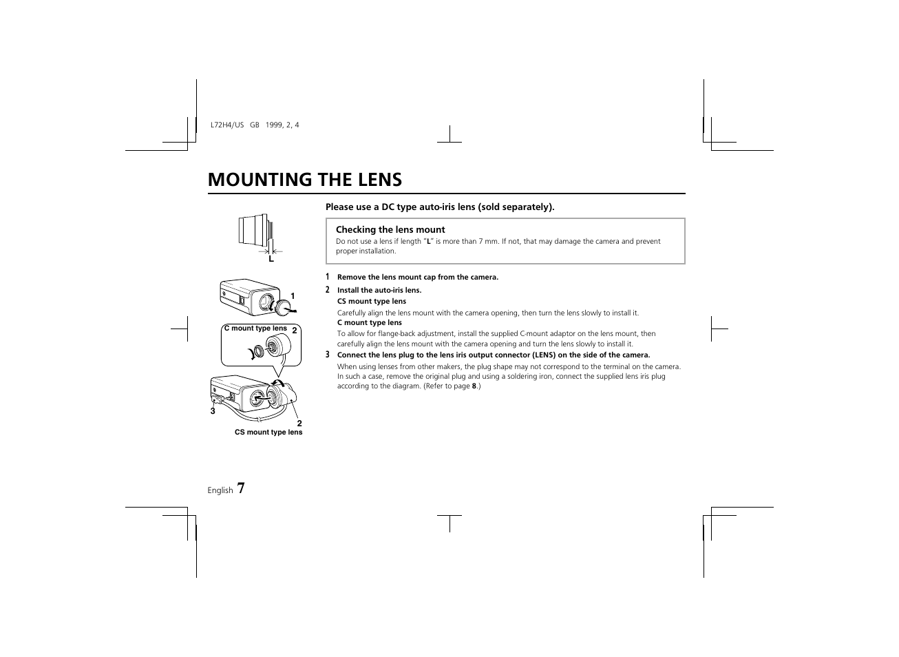 Mounting the lens | Sanyo VCB-3574IR User Manual | Page 8 / 16