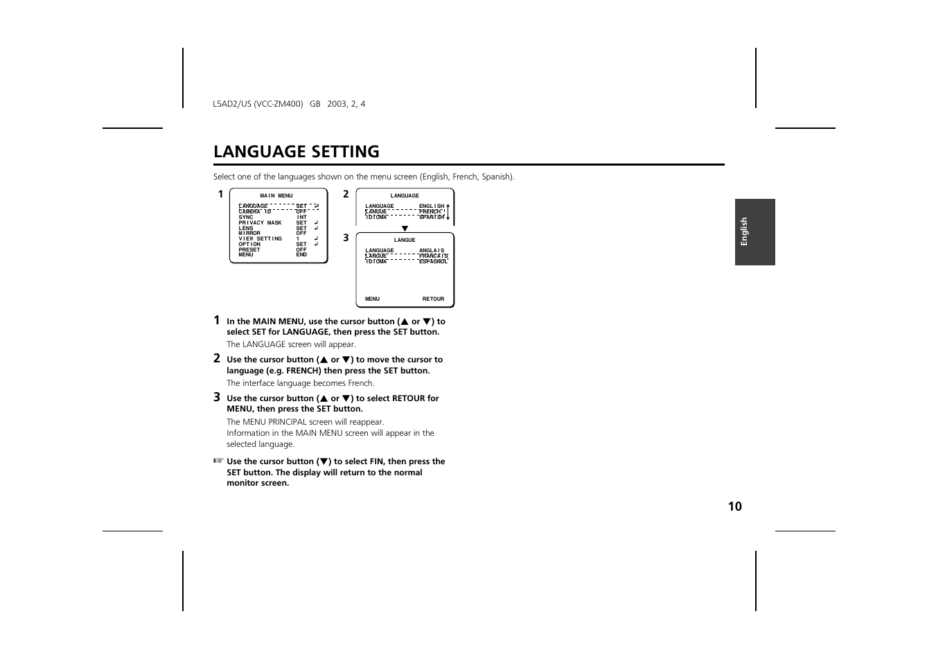 Language setting | Sanyo VCC-ZM400 User Manual | Page 11 / 68