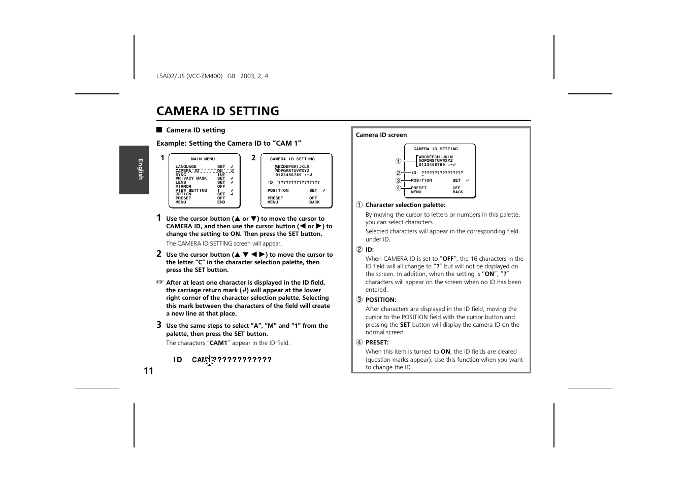 Camera id setting | Sanyo VCC-ZM400 User Manual | Page 12 / 68