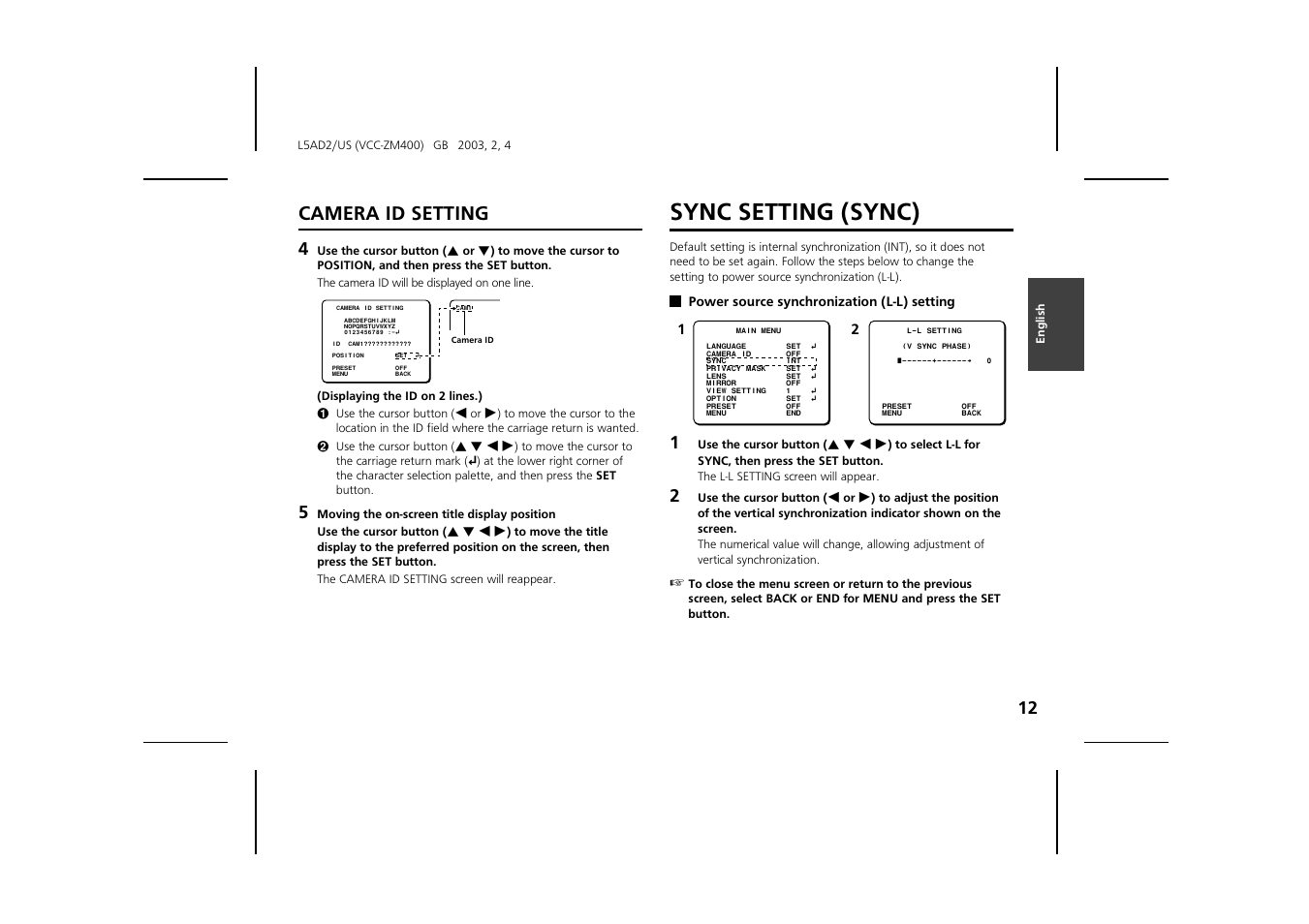 Sync setting (sync), Camera id setting | Sanyo VCC-ZM400 User Manual | Page 13 / 68