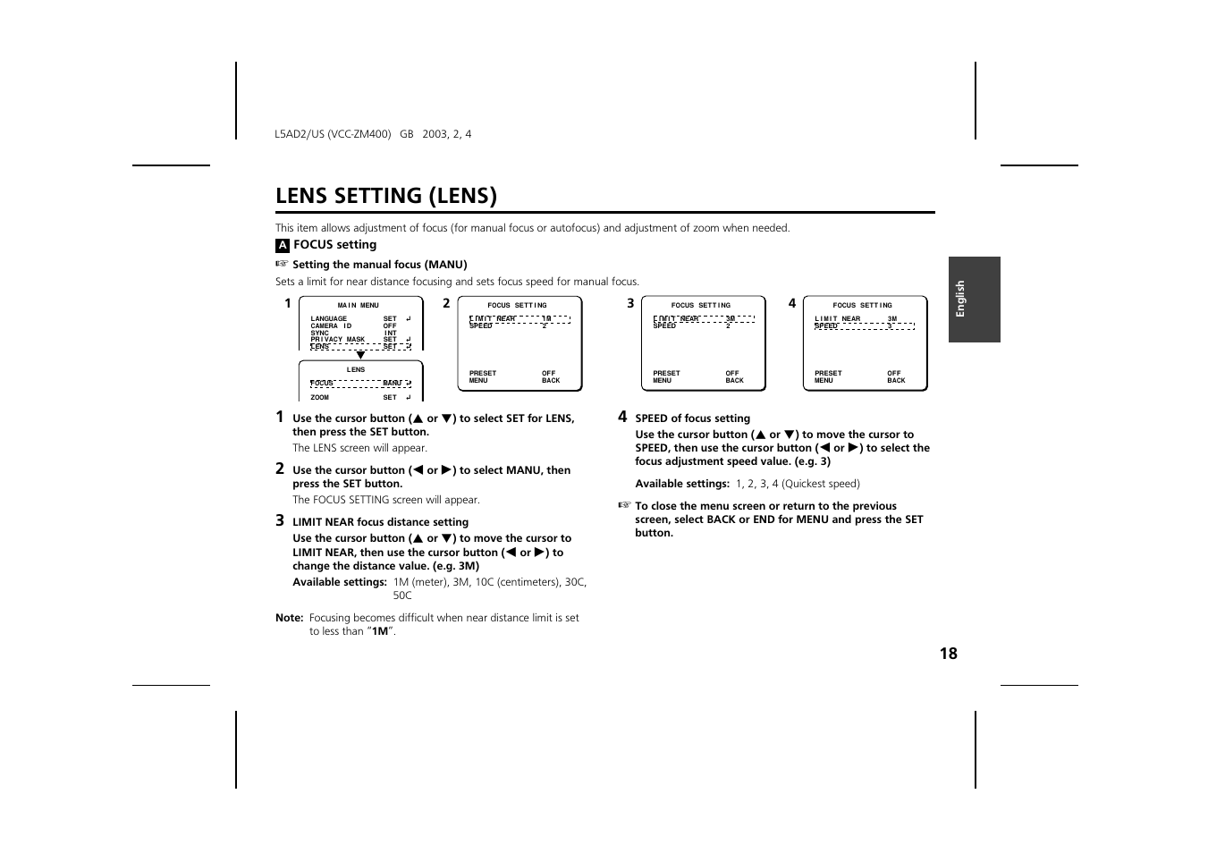 Lens setting (lens) | Sanyo VCC-ZM400 User Manual | Page 19 / 68