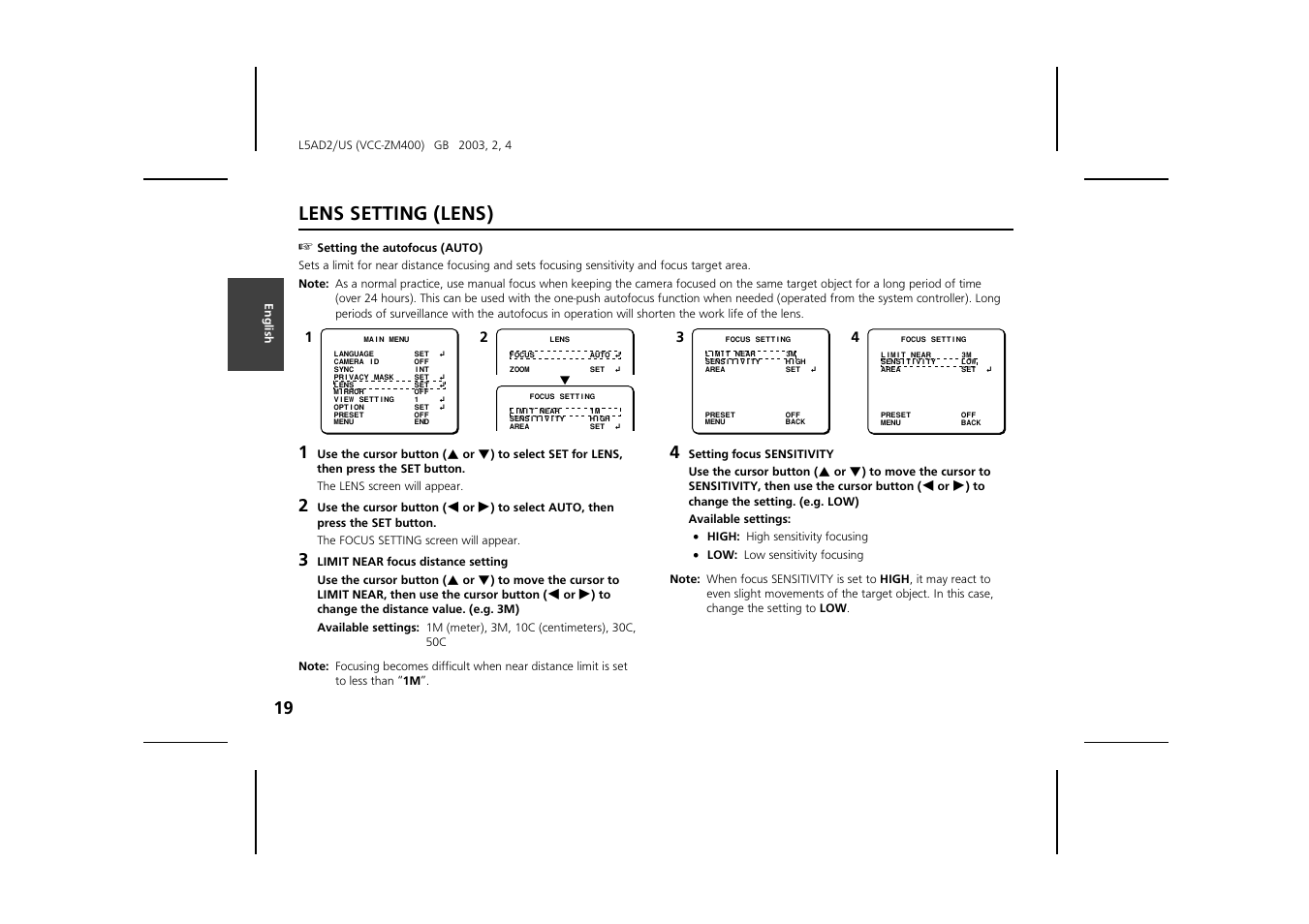 Lens setting (lens) | Sanyo VCC-ZM400 User Manual | Page 20 / 68