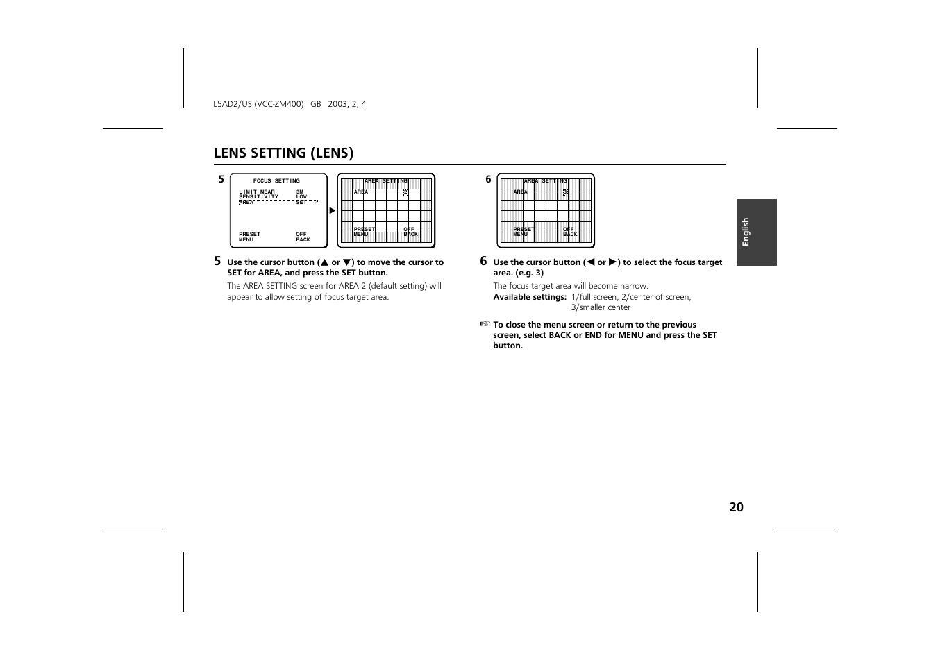 Lens setting (lens) | Sanyo VCC-ZM400 User Manual | Page 21 / 68