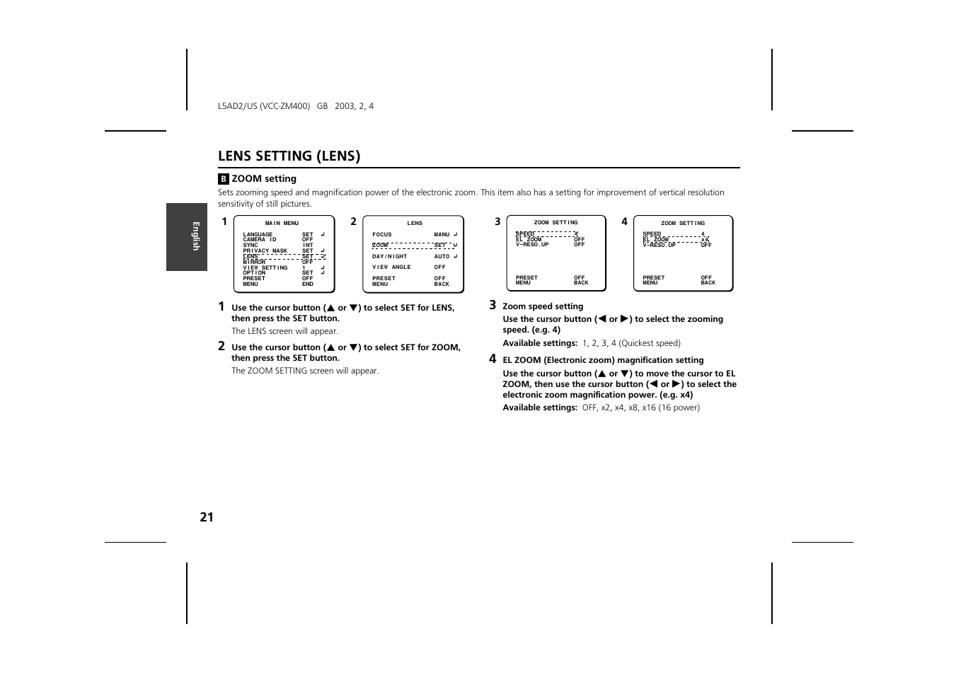 Lens setting (lens) | Sanyo VCC-ZM400 User Manual | Page 22 / 68