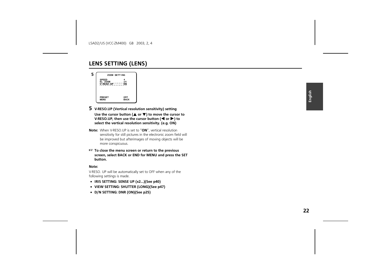 Lens setting (lens) | Sanyo VCC-ZM400 User Manual | Page 23 / 68