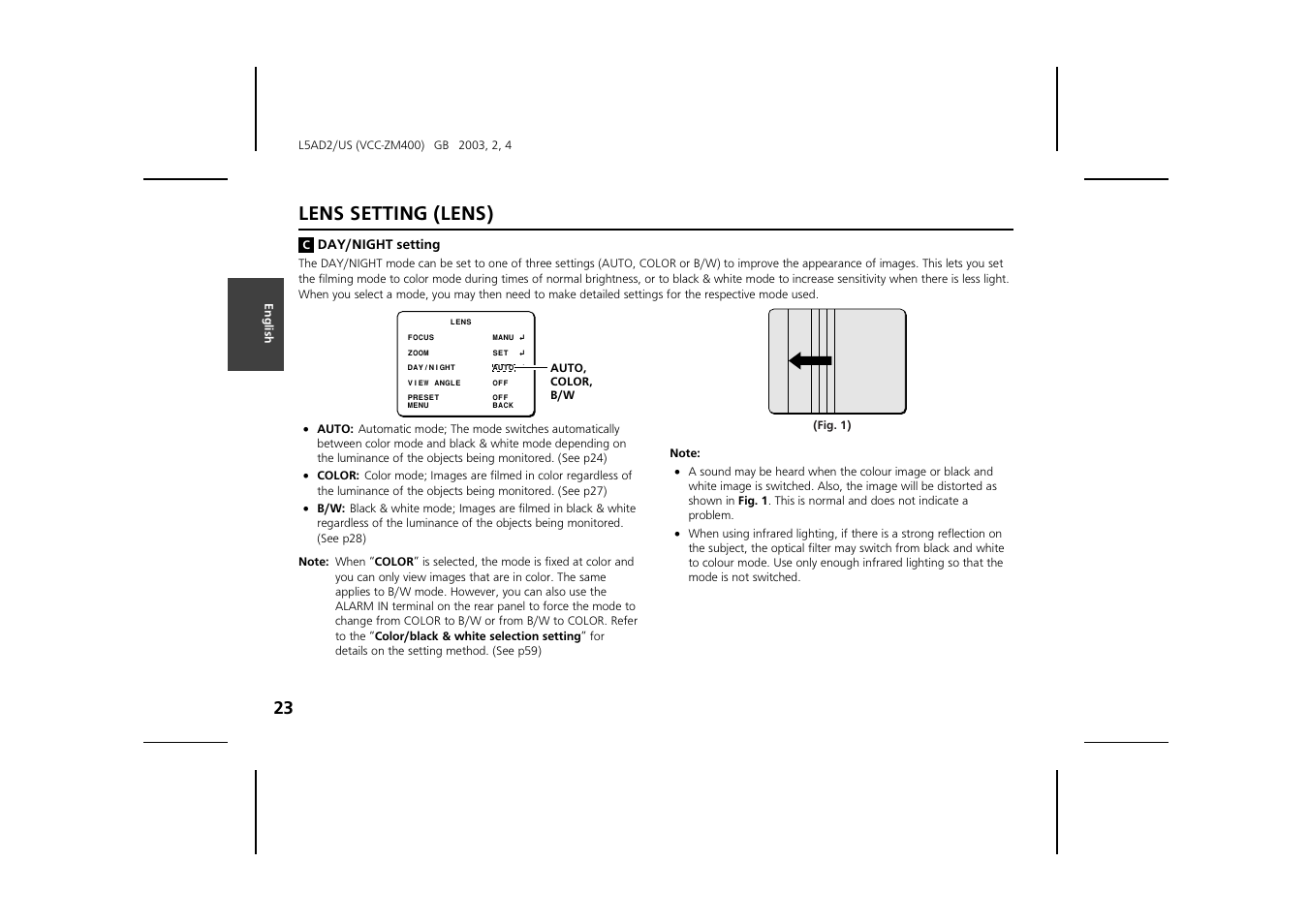 Lens setting (lens) | Sanyo VCC-ZM400 User Manual | Page 24 / 68