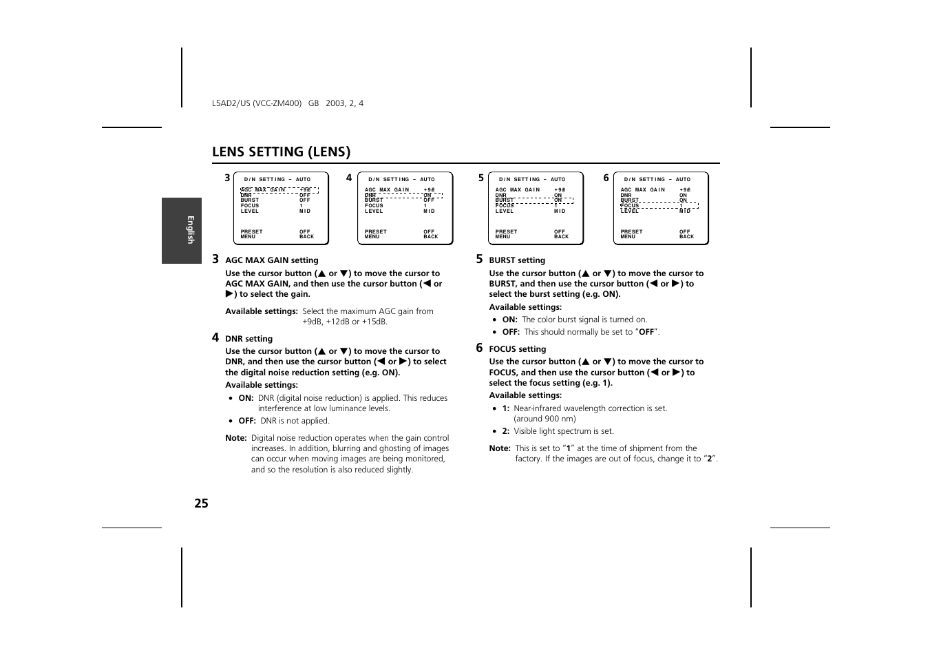Lens setting (lens) | Sanyo VCC-ZM400 User Manual | Page 26 / 68