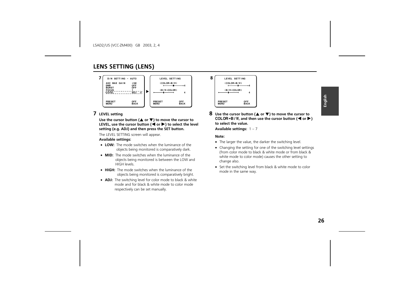 Lens setting (lens) | Sanyo VCC-ZM400 User Manual | Page 27 / 68