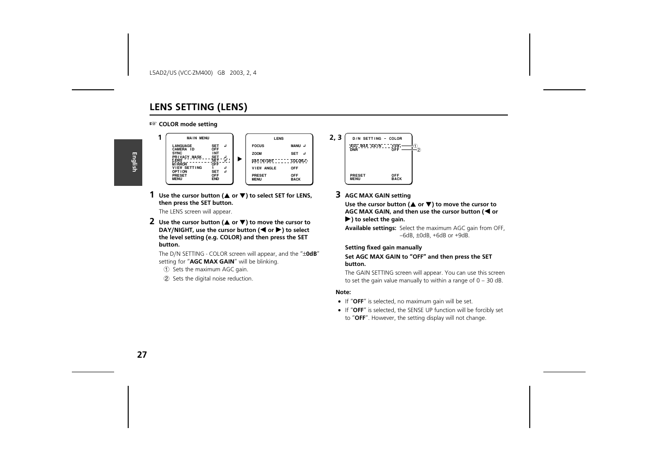 Lens setting (lens) | Sanyo VCC-ZM400 User Manual | Page 28 / 68