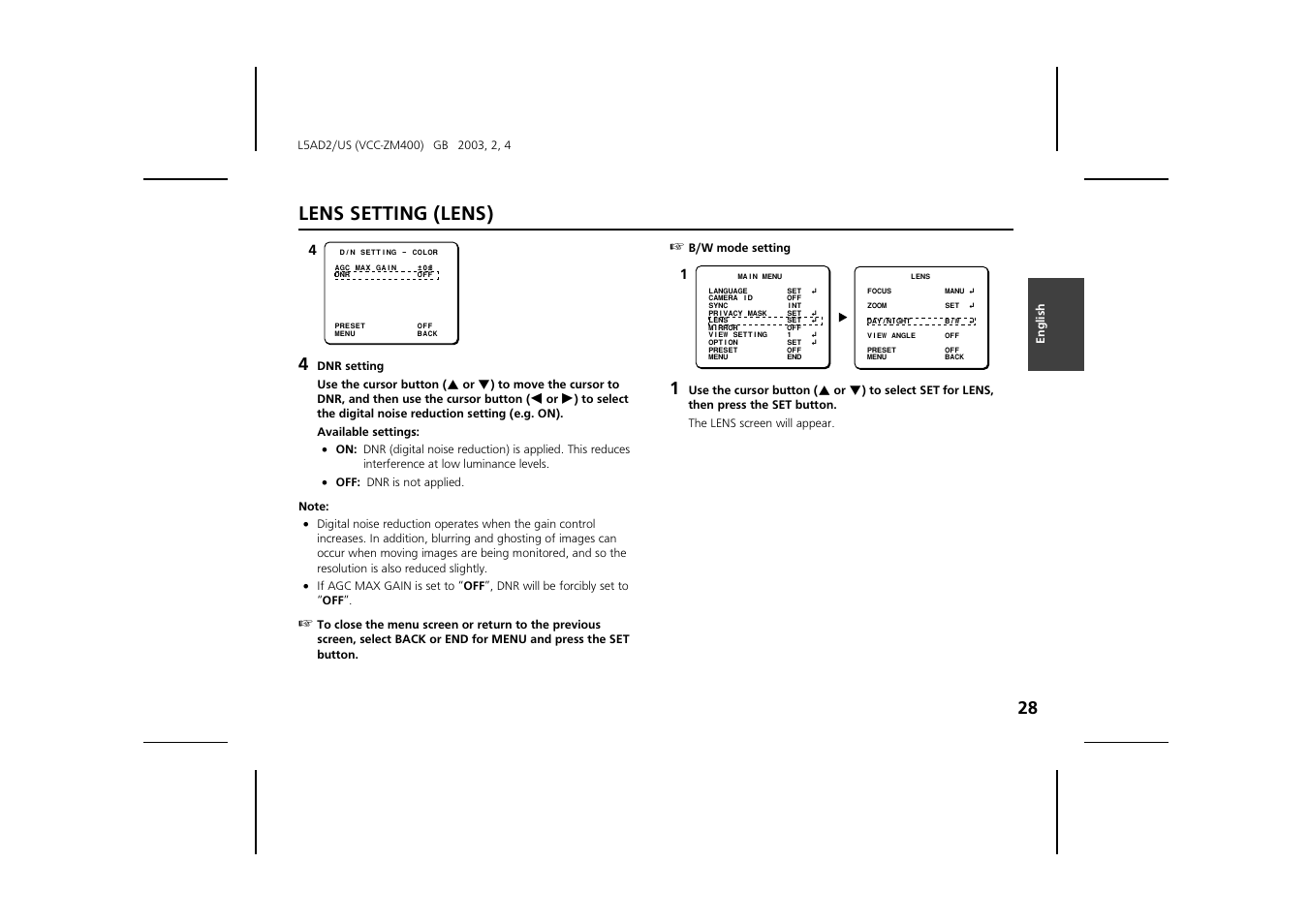Lens setting (lens) | Sanyo VCC-ZM400 User Manual | Page 29 / 68