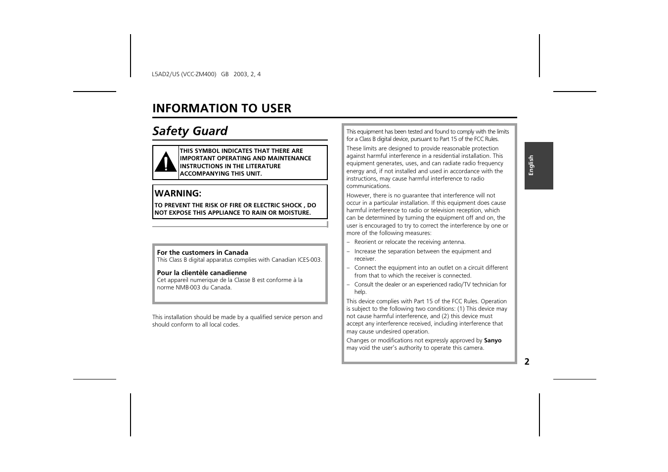 Information to user safety guard | Sanyo VCC-ZM400 User Manual | Page 3 / 68
