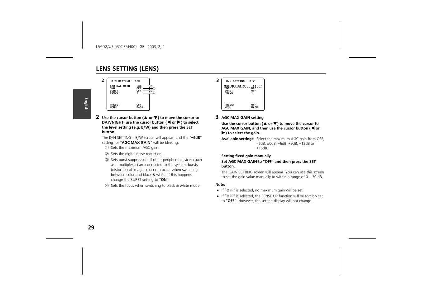 Lens setting (lens) | Sanyo VCC-ZM400 User Manual | Page 30 / 68