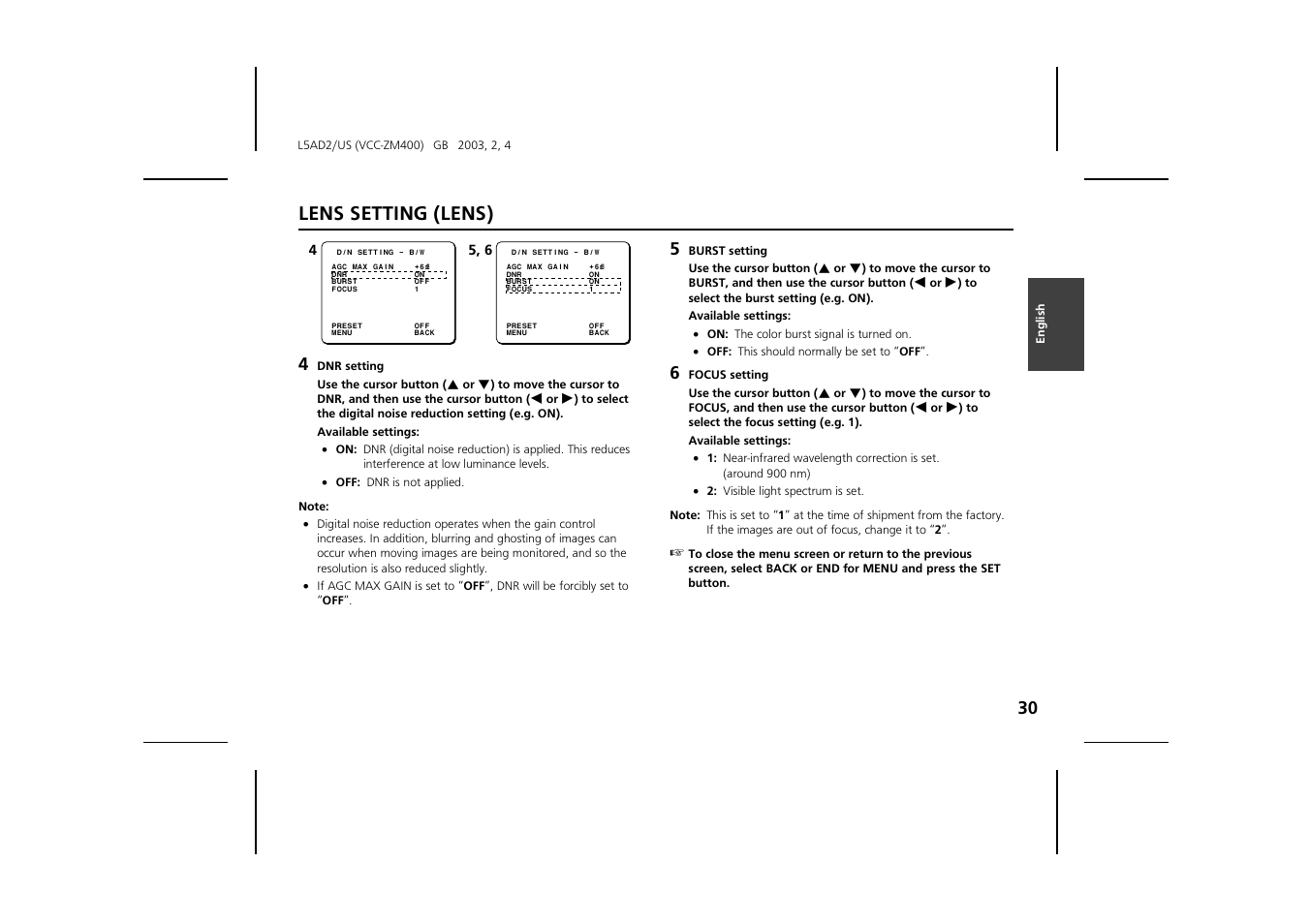 Lens setting (lens) | Sanyo VCC-ZM400 User Manual | Page 31 / 68