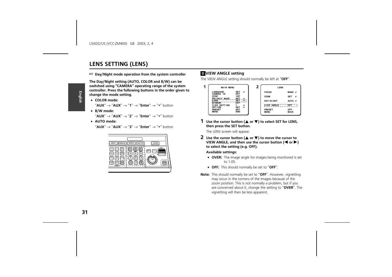 Lens setting (lens) | Sanyo VCC-ZM400 User Manual | Page 32 / 68