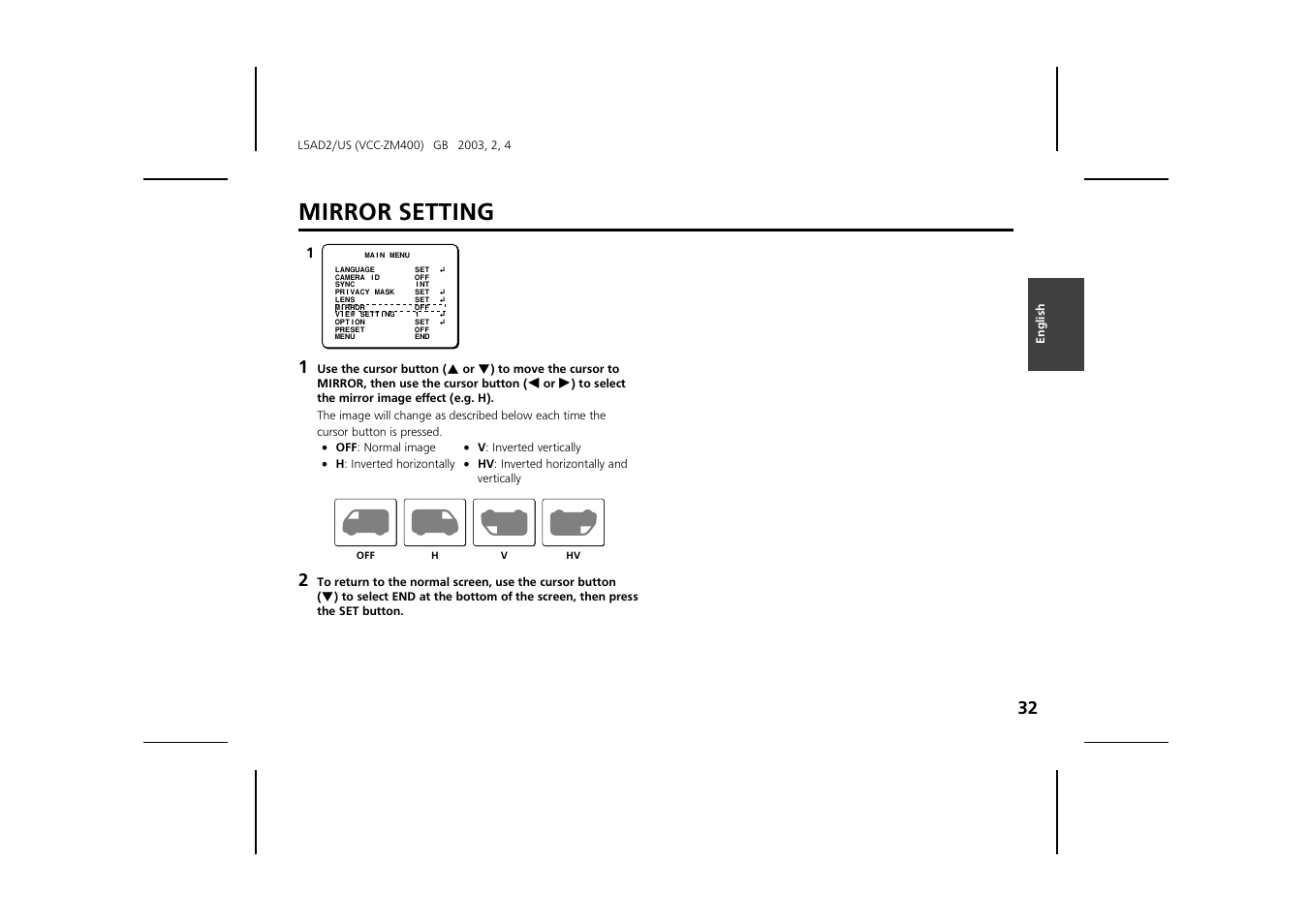 Mirror setting | Sanyo VCC-ZM400 User Manual | Page 33 / 68