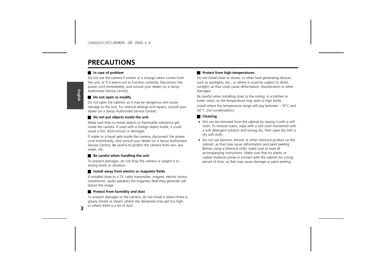 Precautions | Sanyo VCC-ZM400 User Manual | Page 4 / 68