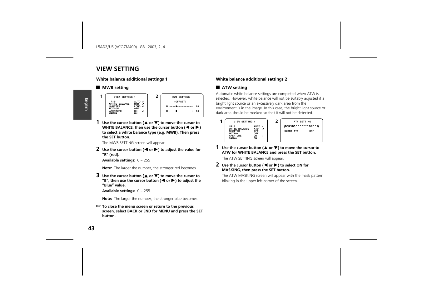 View setting | Sanyo VCC-ZM400 User Manual | Page 44 / 68