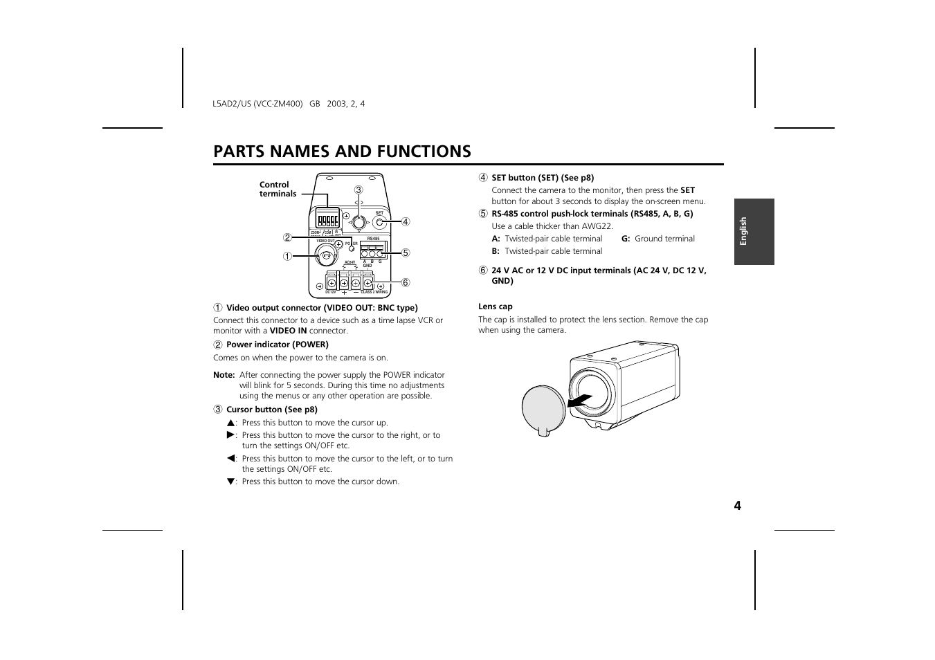 Parts names and functions | Sanyo VCC-ZM400 User Manual | Page 5 / 68