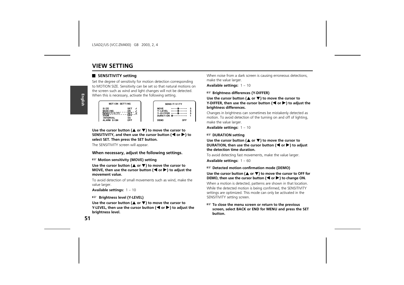 View setting | Sanyo VCC-ZM400 User Manual | Page 52 / 68