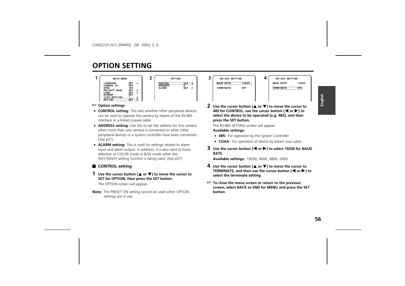 Option setting | Sanyo VCC-ZM400 User Manual | Page 57 / 68