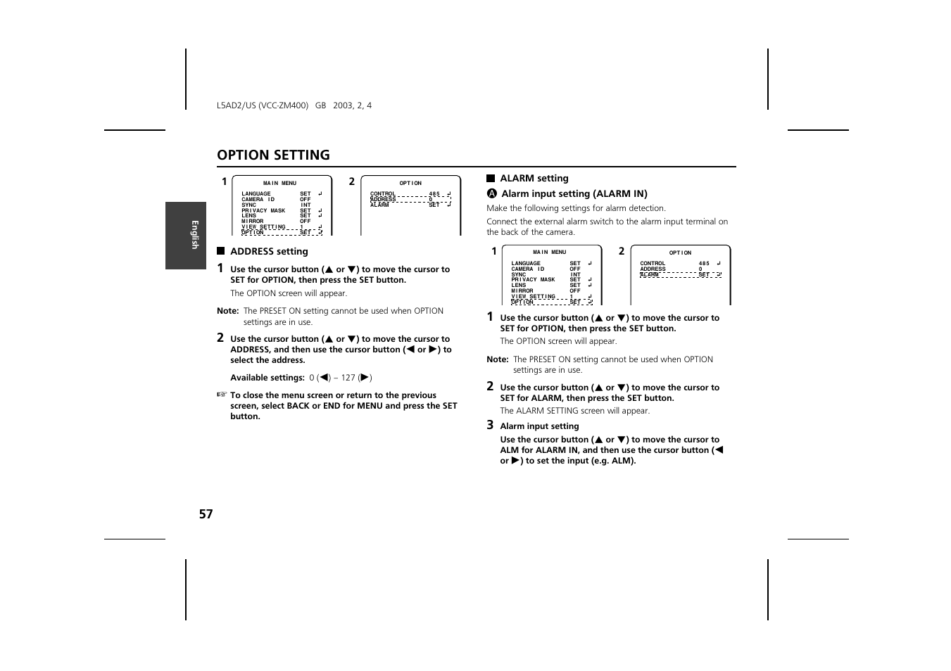 Option setting | Sanyo VCC-ZM400 User Manual | Page 58 / 68