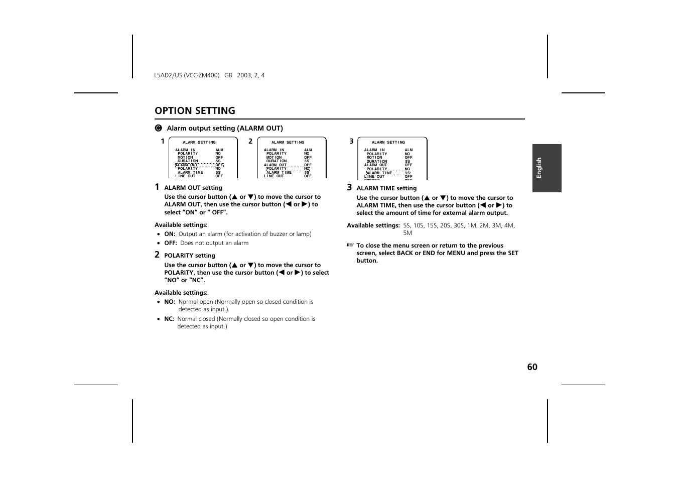 Option setting | Sanyo VCC-ZM400 User Manual | Page 61 / 68
