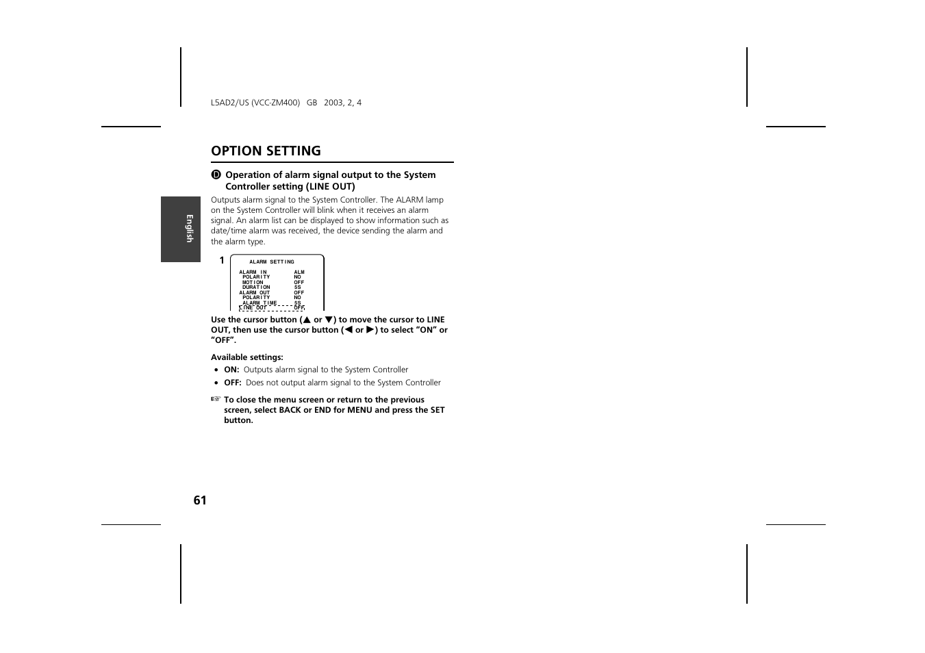 Option setting | Sanyo VCC-ZM400 User Manual | Page 62 / 68