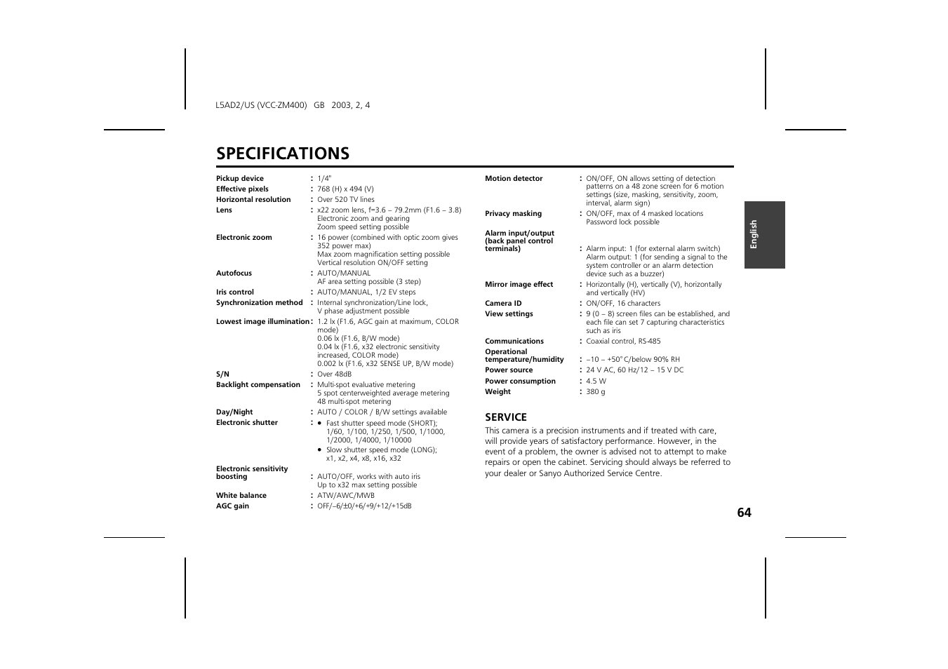 Specifications | Sanyo VCC-ZM400 User Manual | Page 65 / 68