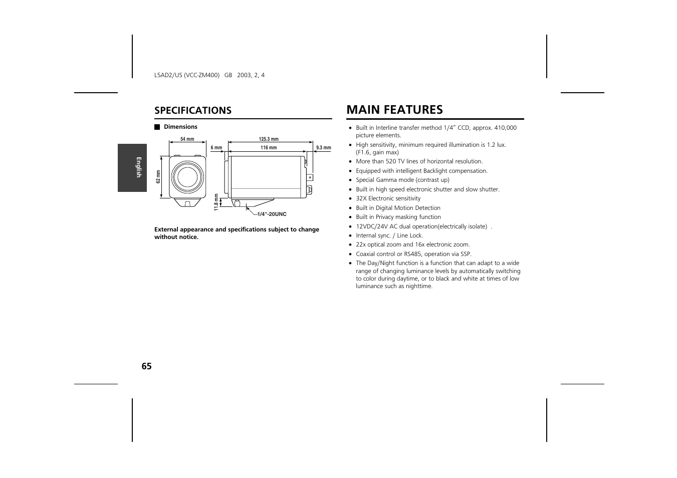 Main features, Specifications | Sanyo VCC-ZM400 User Manual | Page 66 / 68