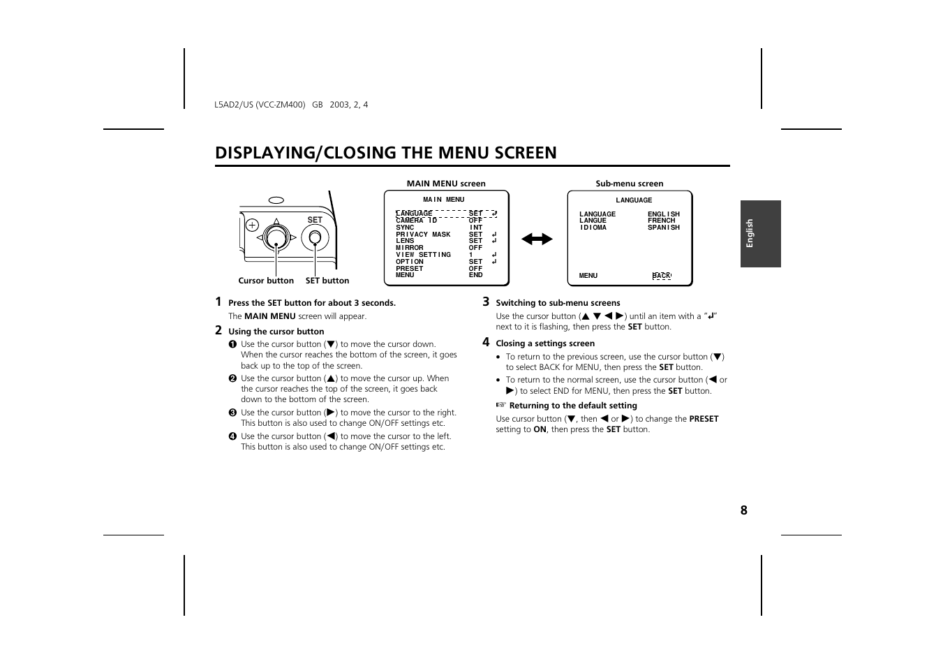 Displaying/closing the menu screen | Sanyo VCC-ZM400 User Manual | Page 9 / 68