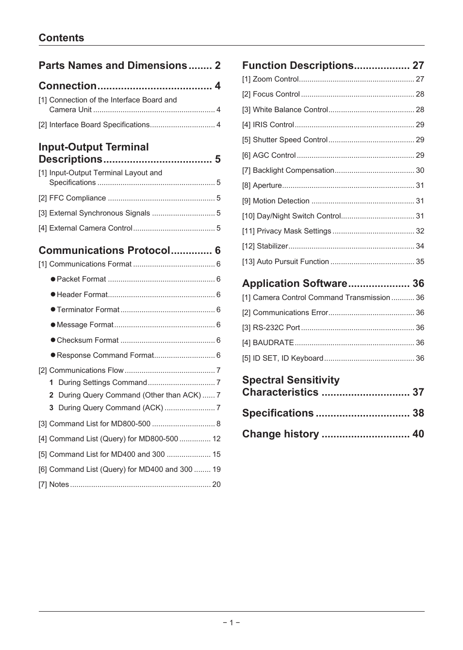 Contents parts names and dimensions connection, Input-output terminal descriptions, Communications protocol | Function descriptions, Application software, Spectral sensitivity characteristics, Specifications change history | Sanyo VCC-MD500 User Manual | Page 2 / 42