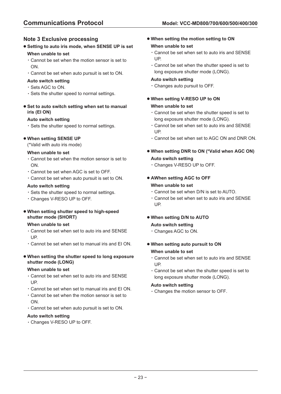 Communications protocol | Sanyo VCC-MD500 User Manual | Page 24 / 42