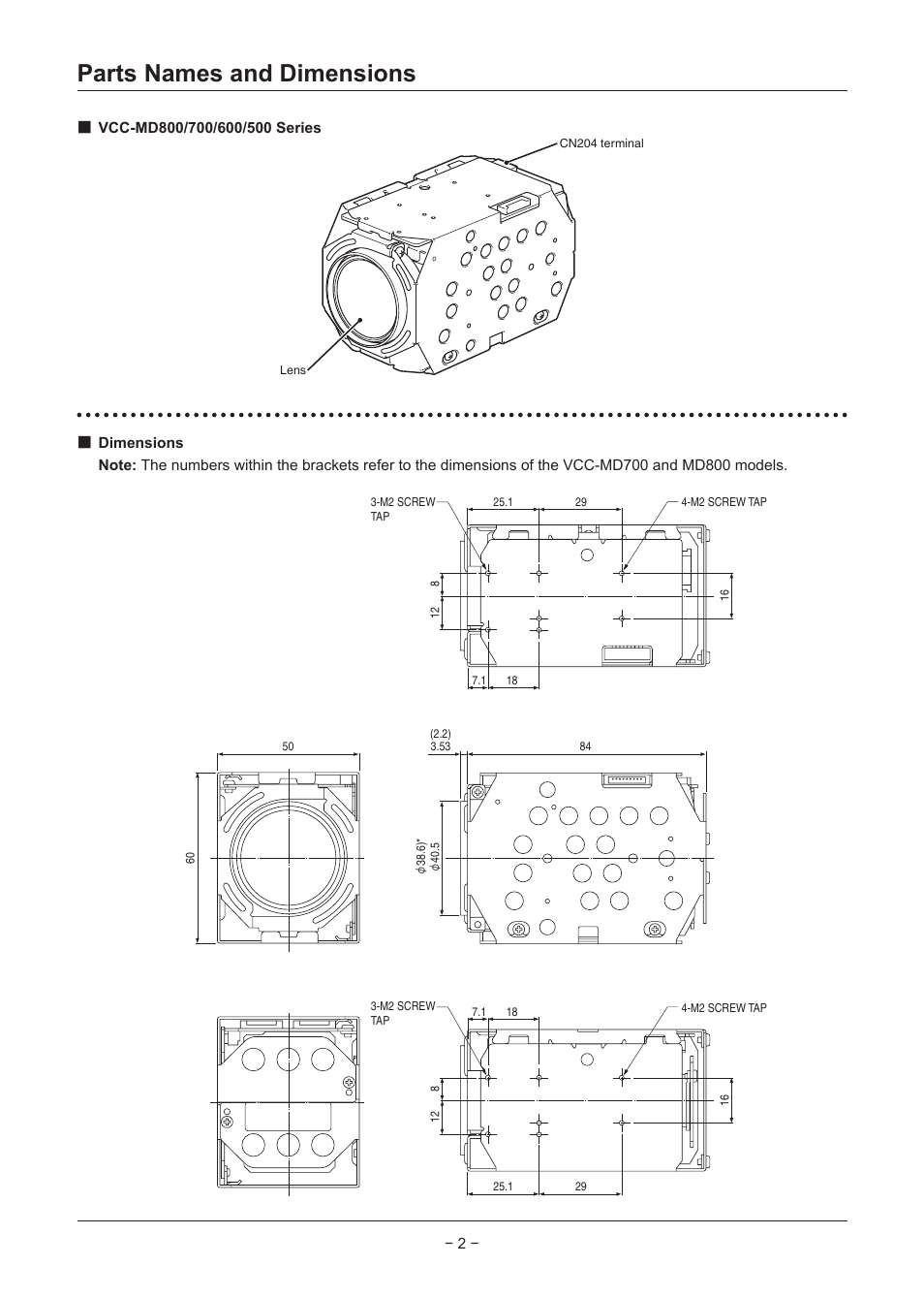 Parts names and dimensions | Sanyo VCC-MD500 User Manual | Page 3 / 42