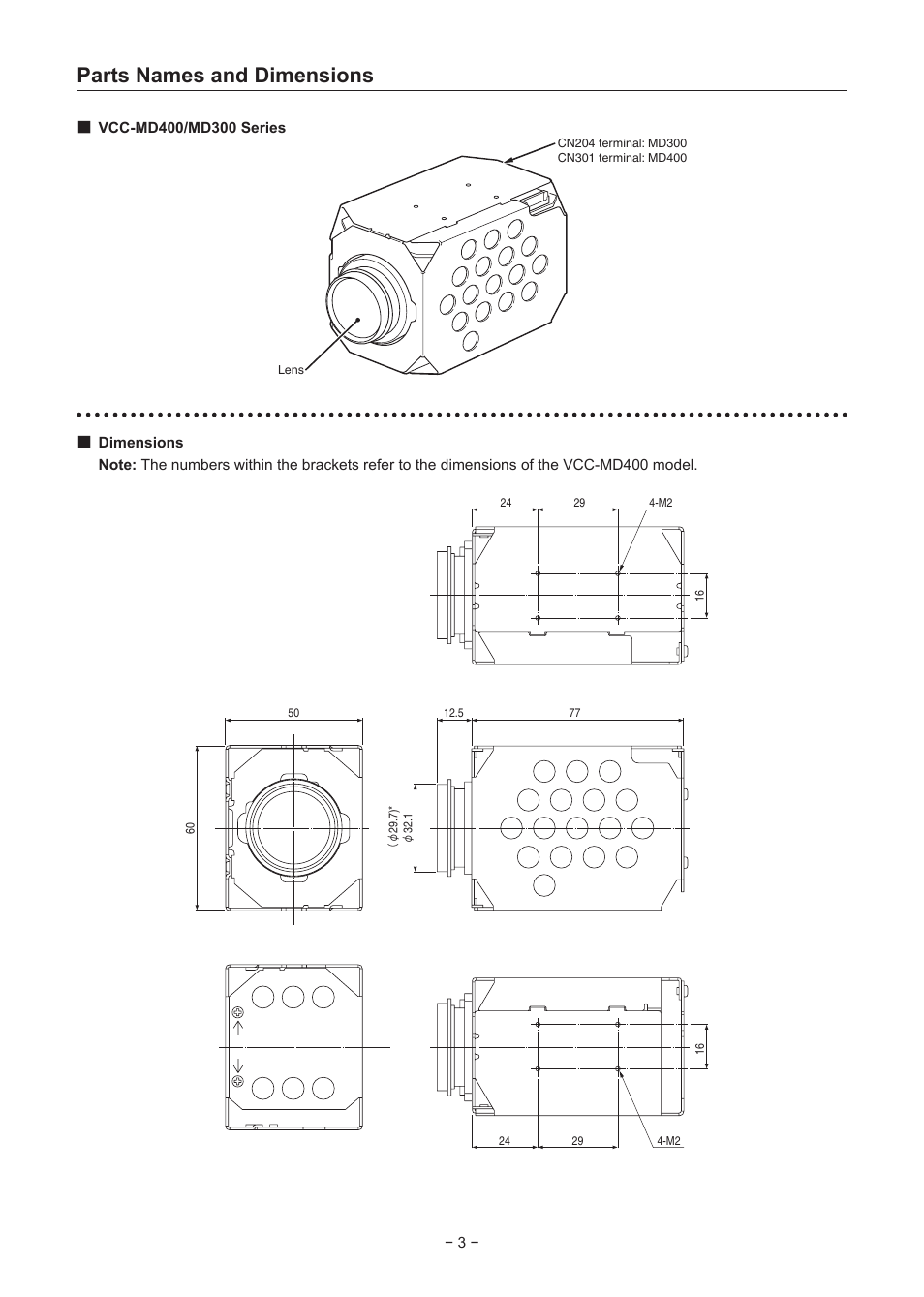 Parts names and dimensions | Sanyo VCC-MD500 User Manual | Page 4 / 42