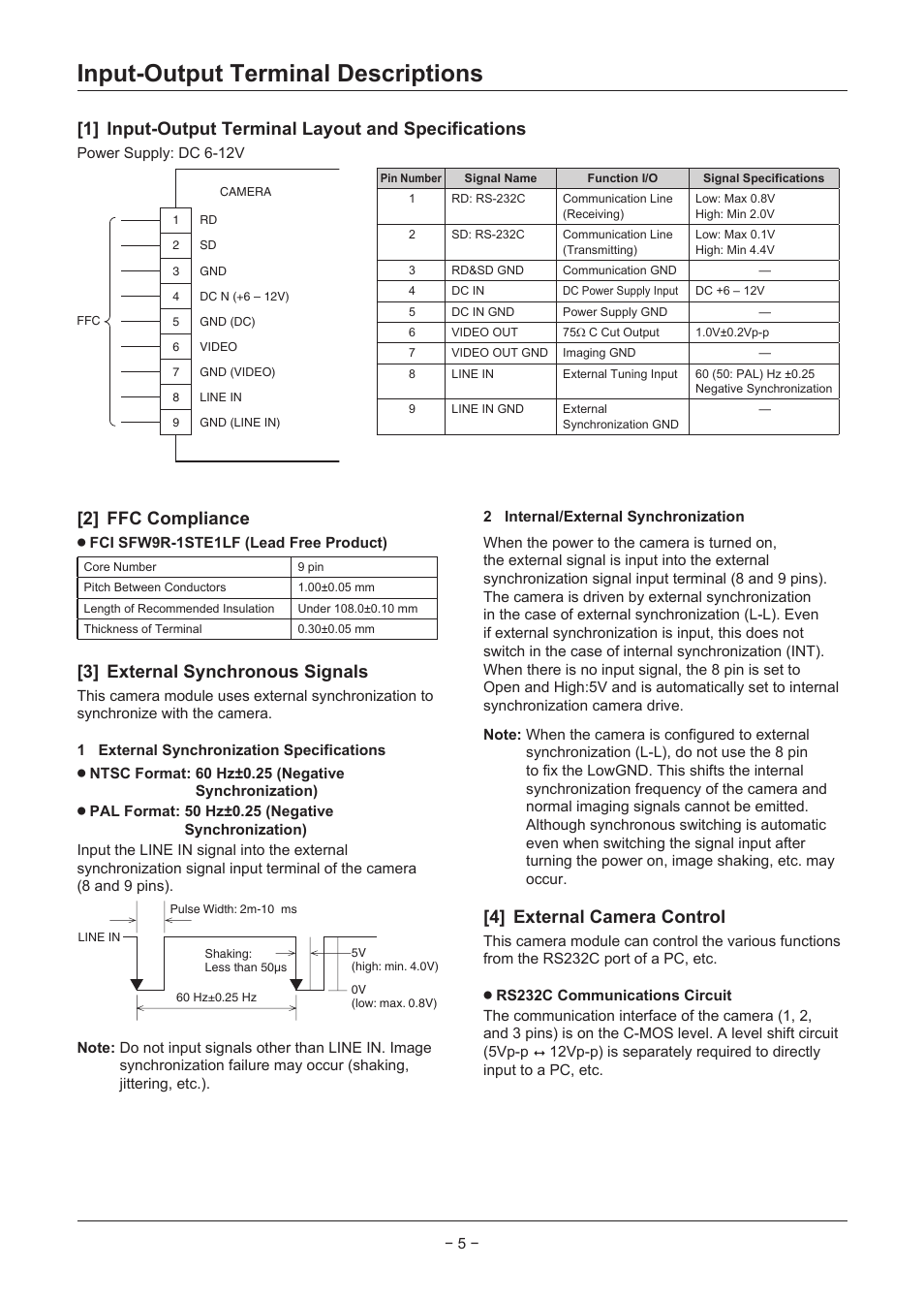 Input-output terminal descriptions, 1] input-output terminal layout and specifications, 2] ffc compliance | 3] external synchronous signals, 4] external camera control | Sanyo VCC-MD500 User Manual | Page 6 / 42