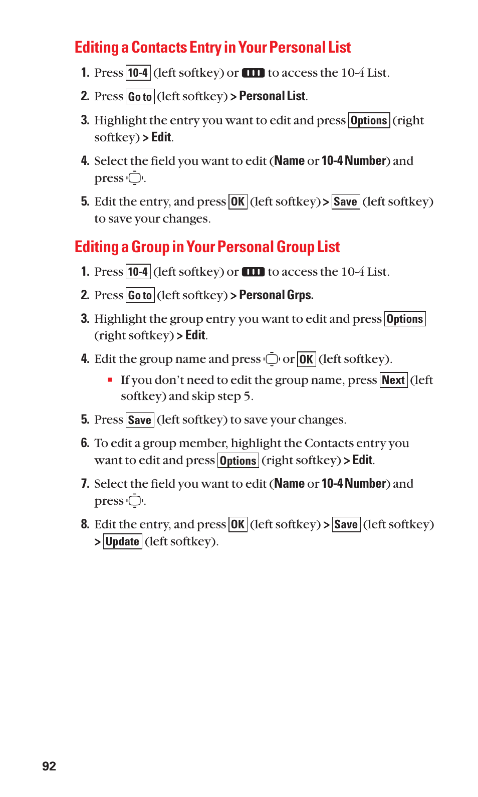 Editing a contacts entry in your personal list, Editing a group in your personal group list | Sanyo S1 User Manual | Page 100 / 131