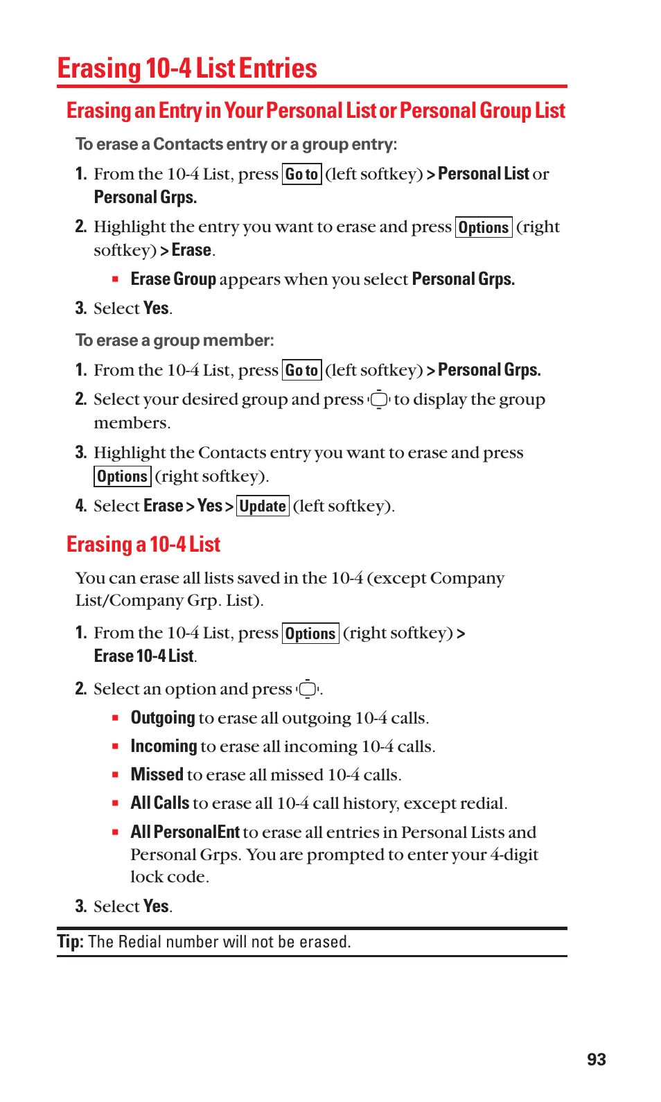 Erasing 10-4 list entries, Erasing a 10-4 list | Sanyo S1 User Manual | Page 101 / 131