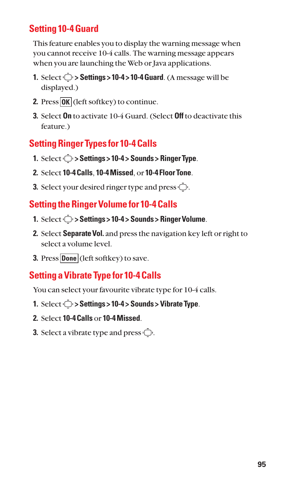 Setting 10-4 guard, Setting ringer types for 10-4 calls, Setting the ringer volume for 10-4 calls | Setting a vibrate type for 10-4 calls | Sanyo S1 User Manual | Page 103 / 131