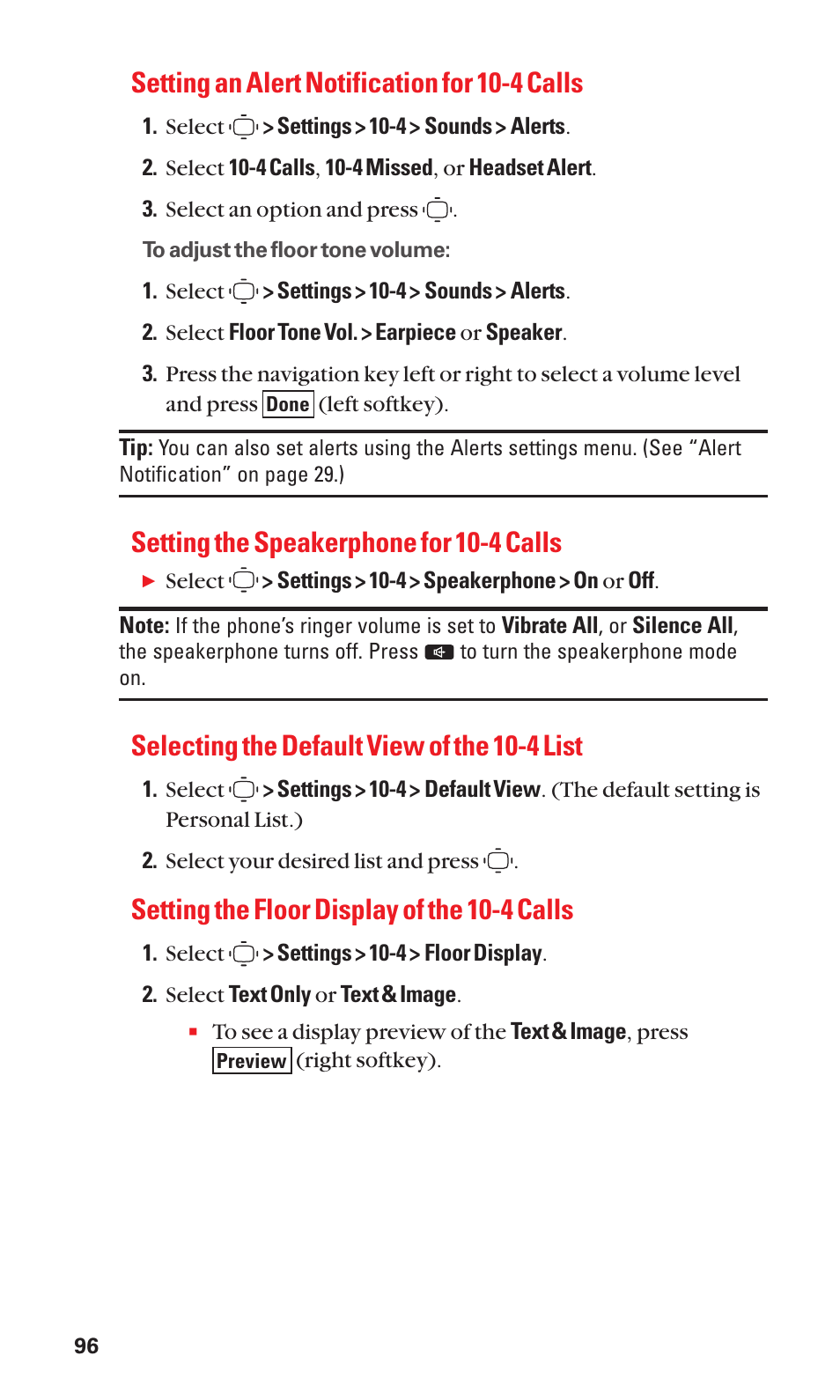 Setting an alert notification for 10-4 calls, Setting the speakerphone for 10-4 calls, Selecting the default view of the 10-4 list | Setting the floor display of the 10-4 calls | Sanyo S1 User Manual | Page 104 / 131