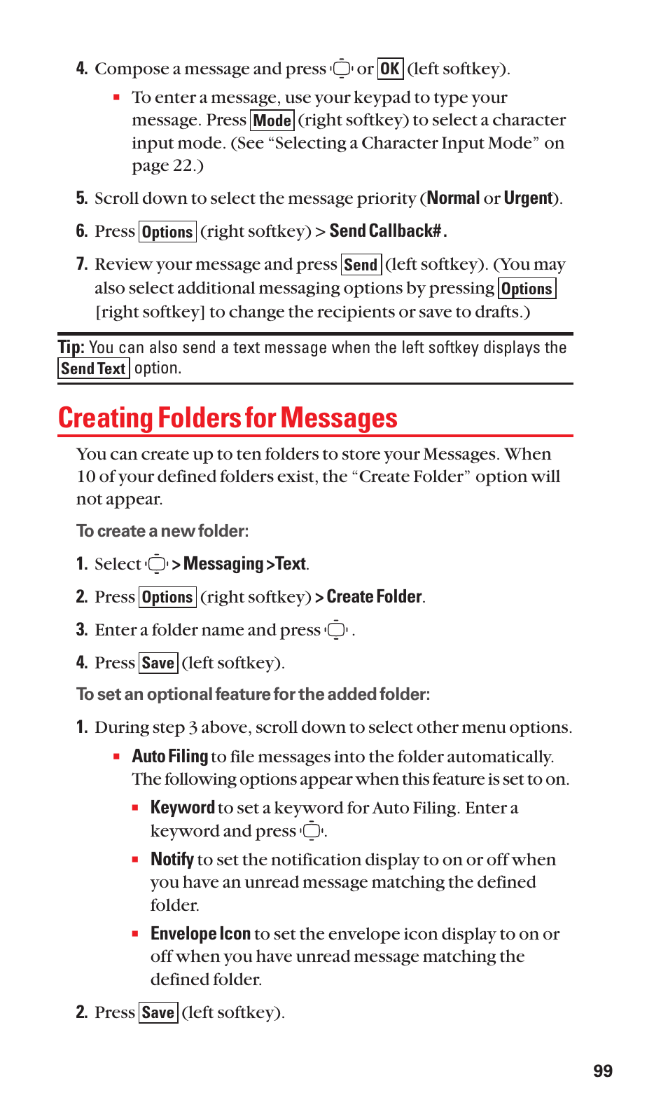 Creating folders for messages | Sanyo S1 User Manual | Page 107 / 131