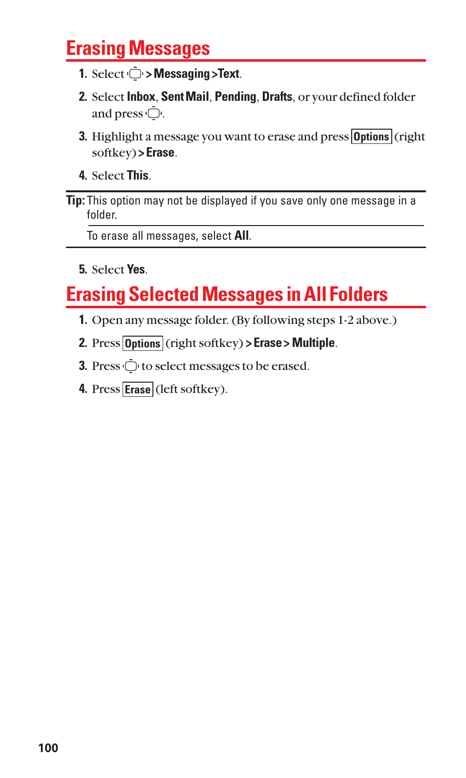 Erasing messages, Erasing selected messages in all folders | Sanyo S1 User Manual | Page 108 / 131