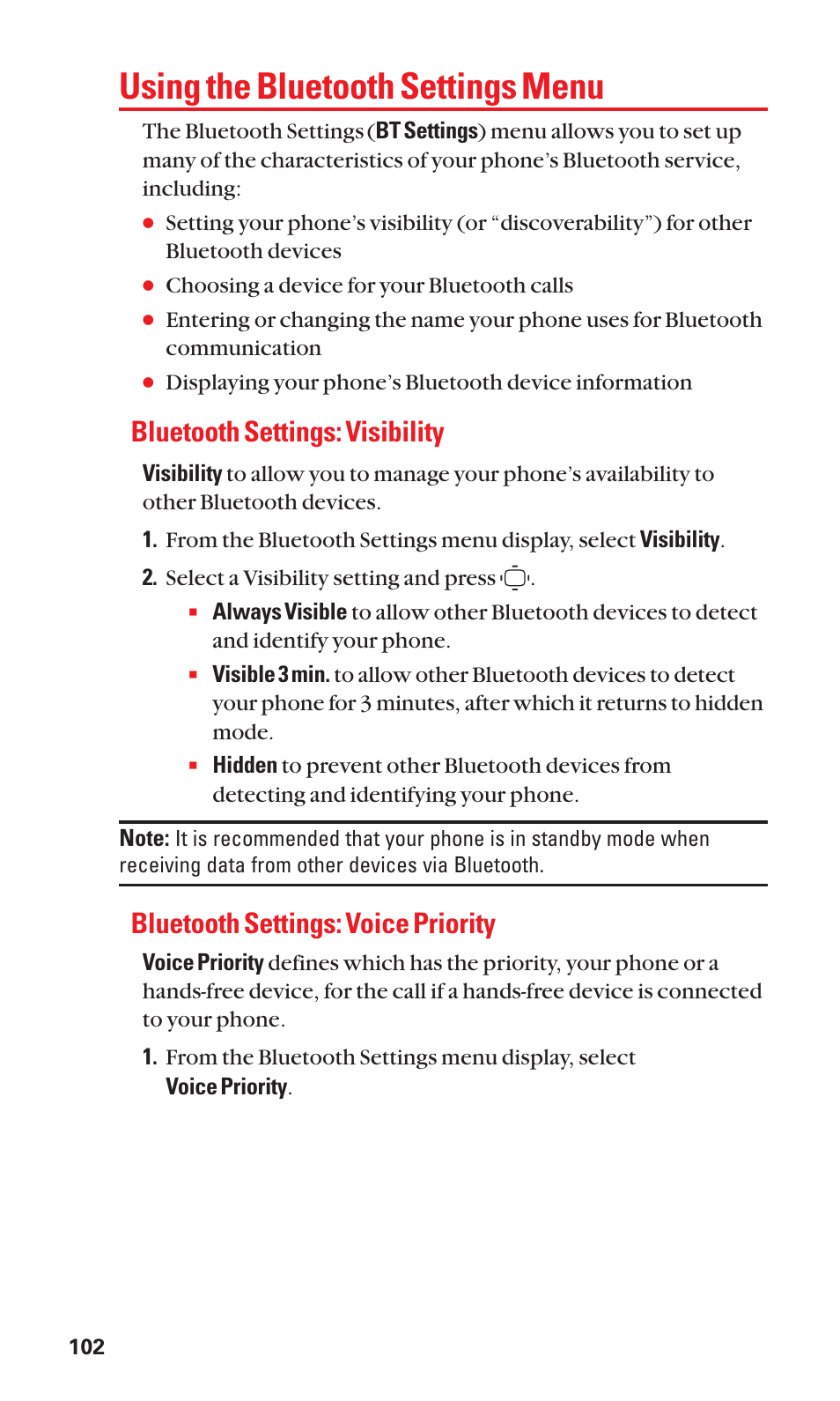 Using the bluetooth settings menu, Bluetooth settings: visibility, Bluetooth settings: voice priority | Sanyo S1 User Manual | Page 110 / 131